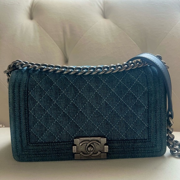 CHANEL Handbags - CHANEL Blue Denim Boy Flap Bag Meduim size